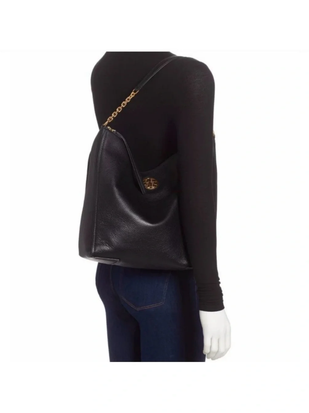 Tory Burch Black Pebbled Leather Shoulder Hobo with Gold Logo Chain